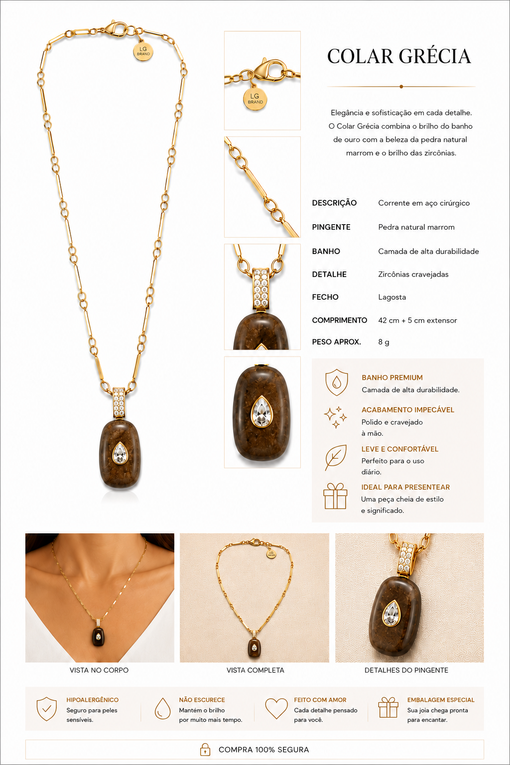 Colar Grécia com Pedra Natural Marrom
